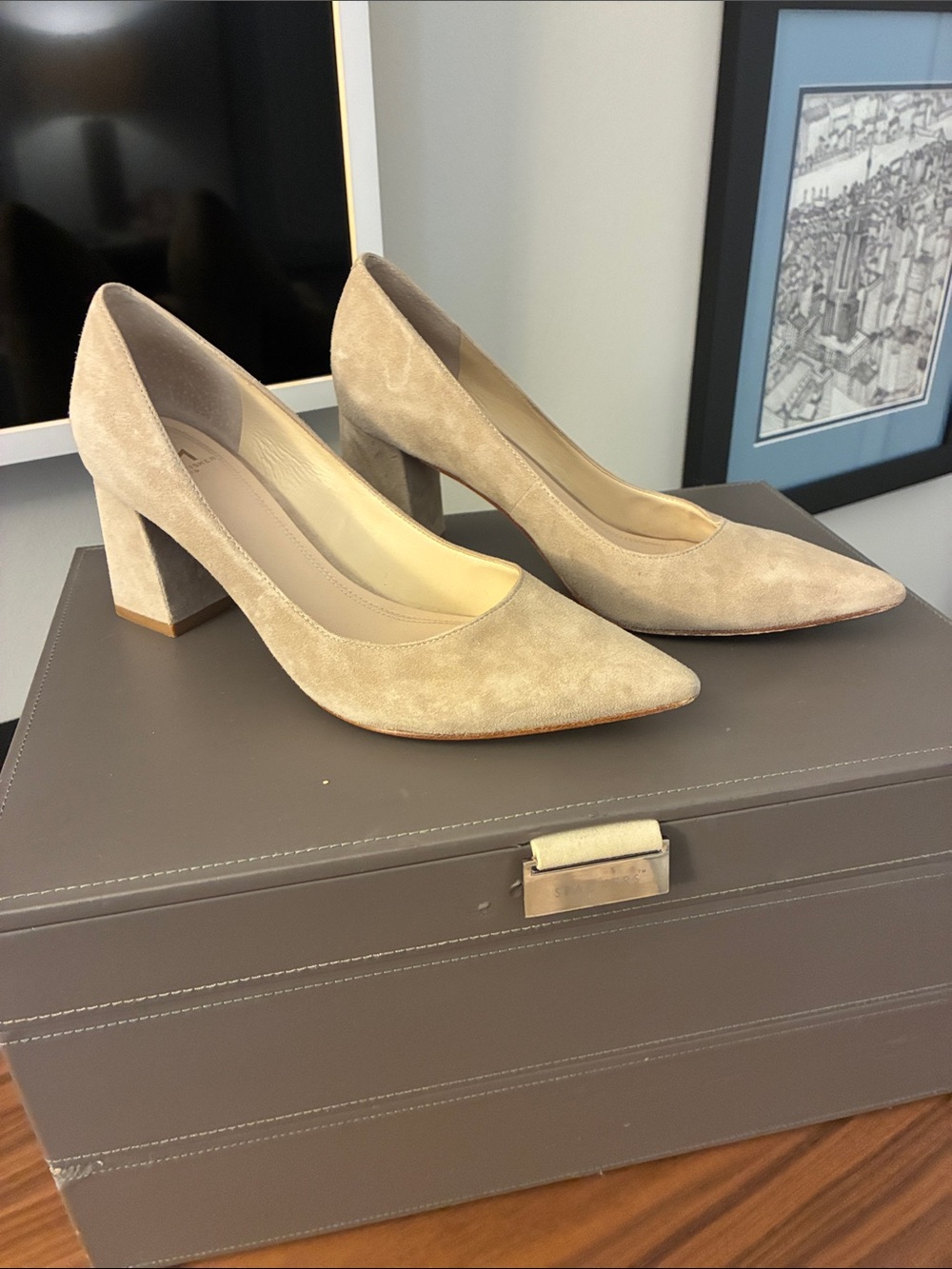 Marc Fisher Beige Suede Pointed Block Heel Pumps